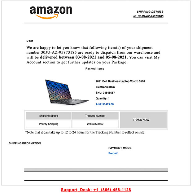 Example of a fake Amazon shipping notification email