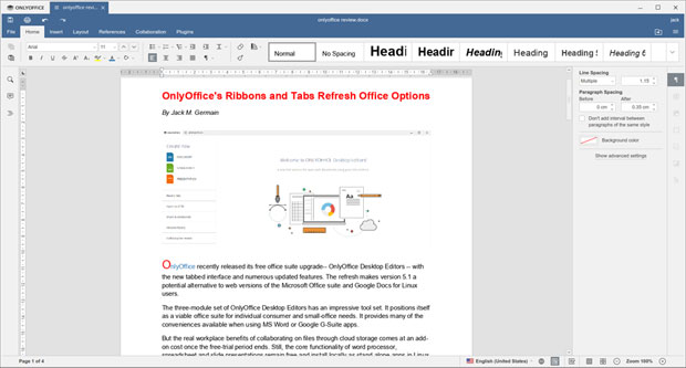OnlyOffice Desktop Editors ribbon-style interface