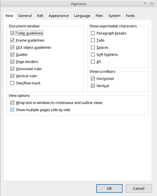 FreeOffice 2018 settings panel