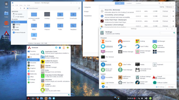 Archman Linux Xfce menu and control panels