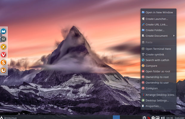 ArcoLinux right-click secondary menu is a staple in the Xfce desktop