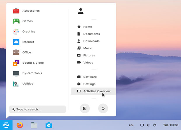 Zorin OS Windows 7-like menu panel and GNOME style panel bar.