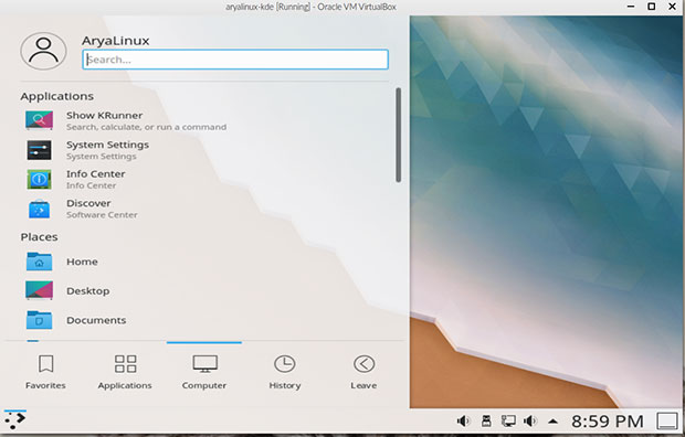 AryaLinux KDE Plasma desktop