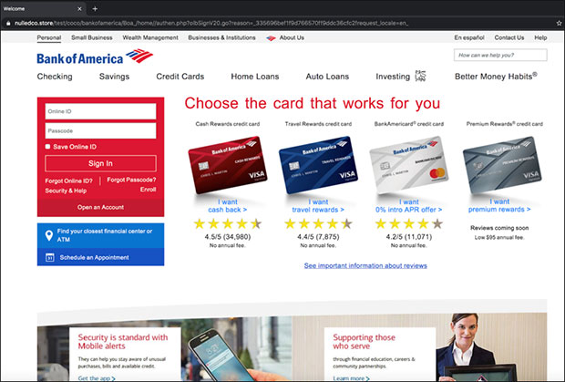 credential phishing site made to look like the Bank of America home page