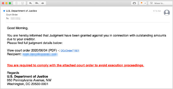 phishing email pretending to be the DoJ