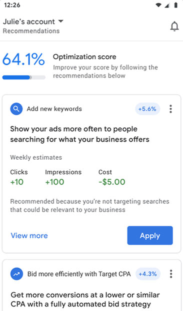 Google ads keyword recommendations and optimization score