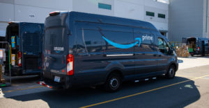 Amazon Prime delviery truck at fulfillment warehouse