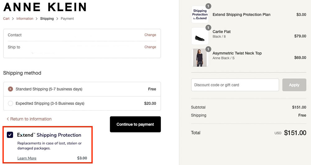 Extend shipping protection on Anne Klein e-commerce checkout page