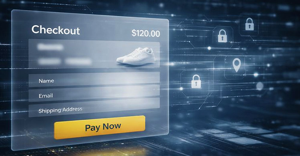 Autonomous e-commerce checkout screen showing obscured customer identity fields while a transaction proceeds.