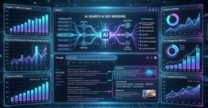 Digital dashboard showing AI and SEO systems merging with search results and marketing analytics data