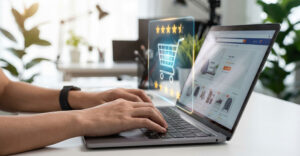 Shopper browses an online store as AI-driven recommendations and trust signals influence product discovery.