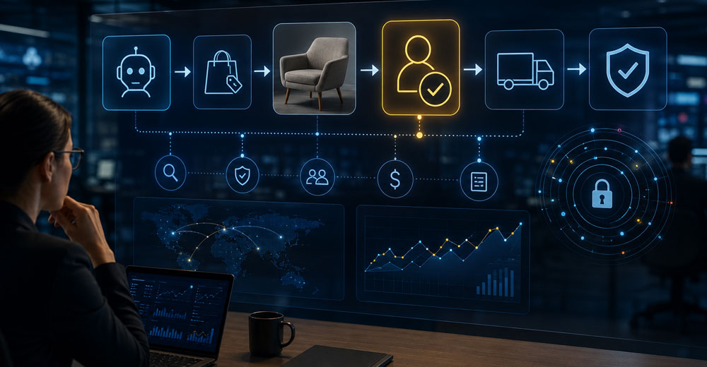 Analyst reviewing AI-driven purchasing workflows and marketplace oversight systems