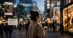 Consumer surrounded by digital touchpoints such as social media, streaming content, reviews, and search while walking through a city shopping district.