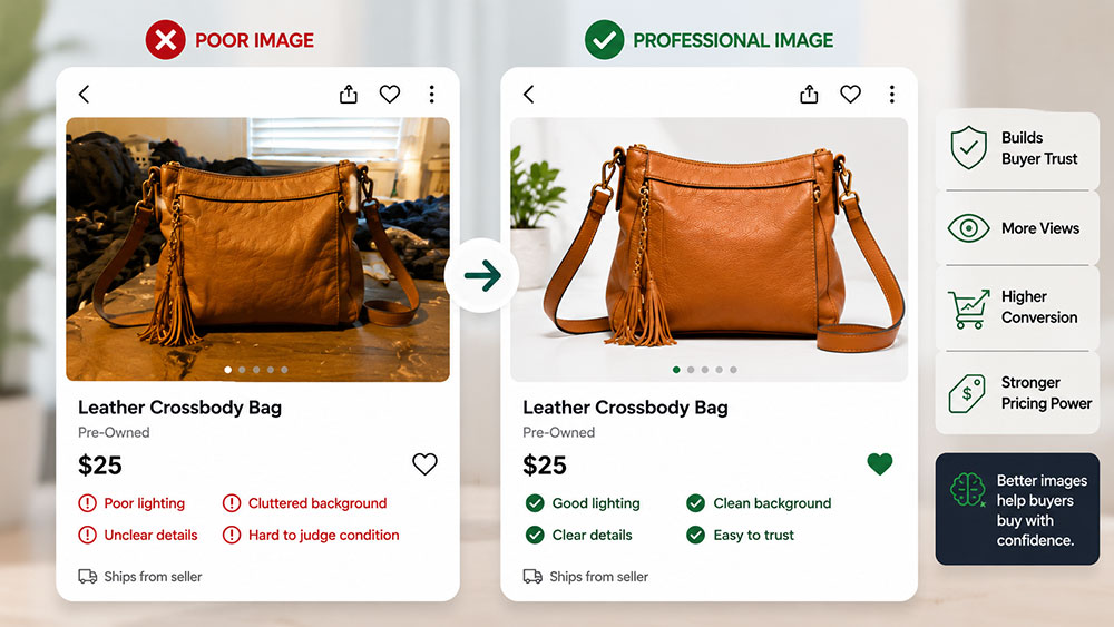 Comparison of the same resale product shown in a poorly photographed marketplace listing and a professionally presented listing.